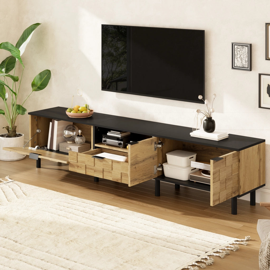 Mobile porta TV con 2 ante, 1 cassetto e vano aperto, design mosaico, in truciolato, naturale, 170 × 35 × 44,5 cm