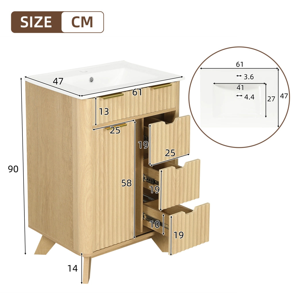 Mobile sottolavabo con 3 cassetti e anta scorrevole - per bagno - in MDF e ceramica - 61x47x90 cm - legno naturale