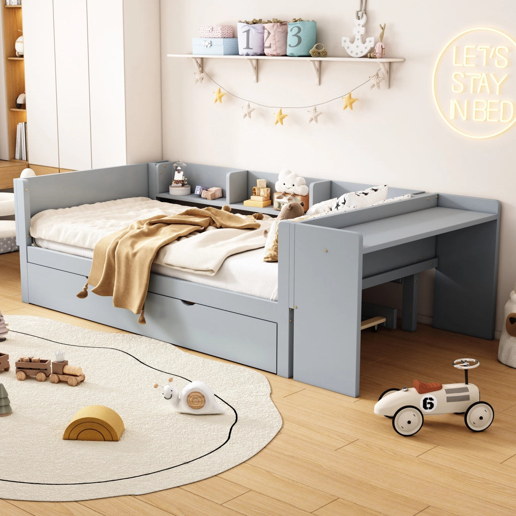 Letto singolo bambino 90×200 cm con letto estraibile; scrivania e 3 ripiani; senza materasso; pino; grigio