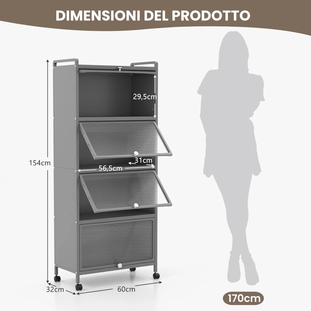 Armadio da Cucina a 5 Piani, Mobile per Microonde con Porte PC a Scomparsa, con 4 Ruote Girevoli, per Sala da Pranzo Soggiorno e Studio, 60x32x154 cm (Grigio)