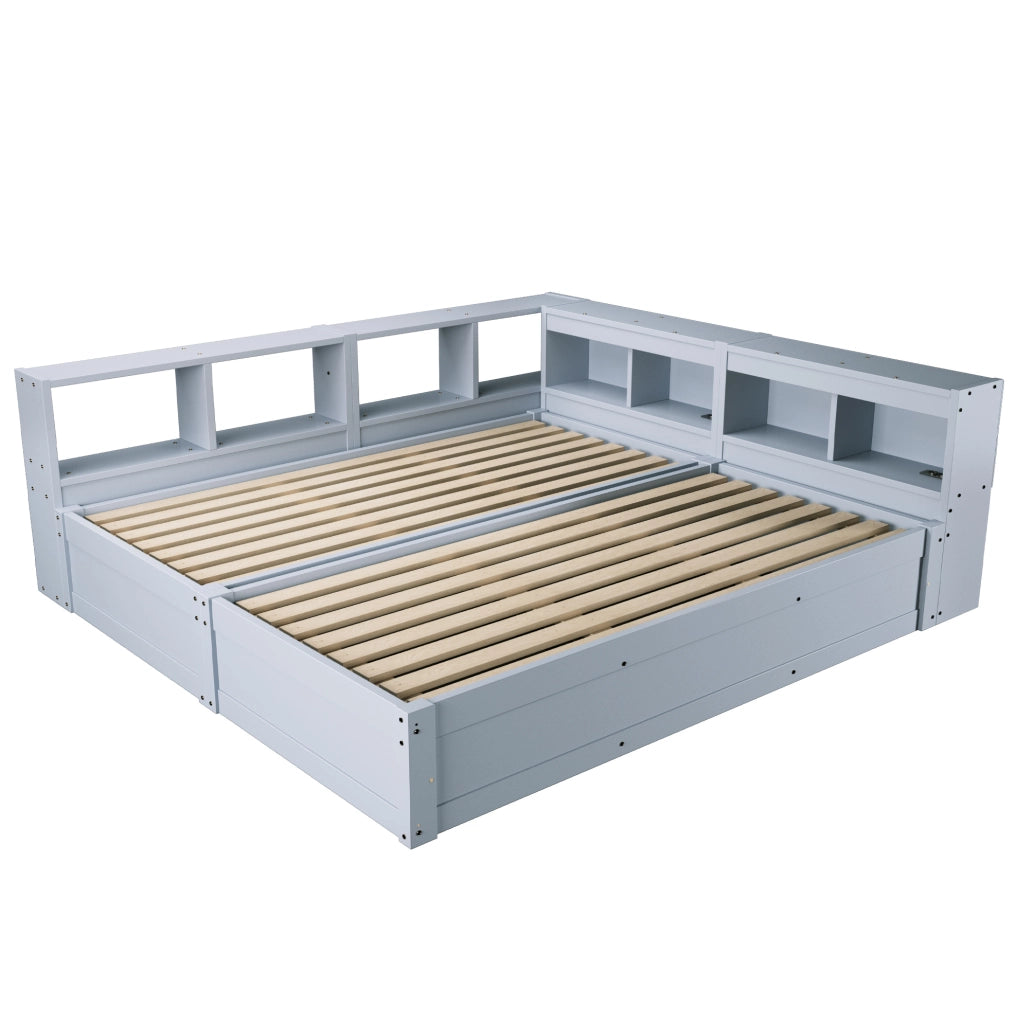 Letto multifunzione 90/180x200 cm grigio con prese integrate; LED e contenitore