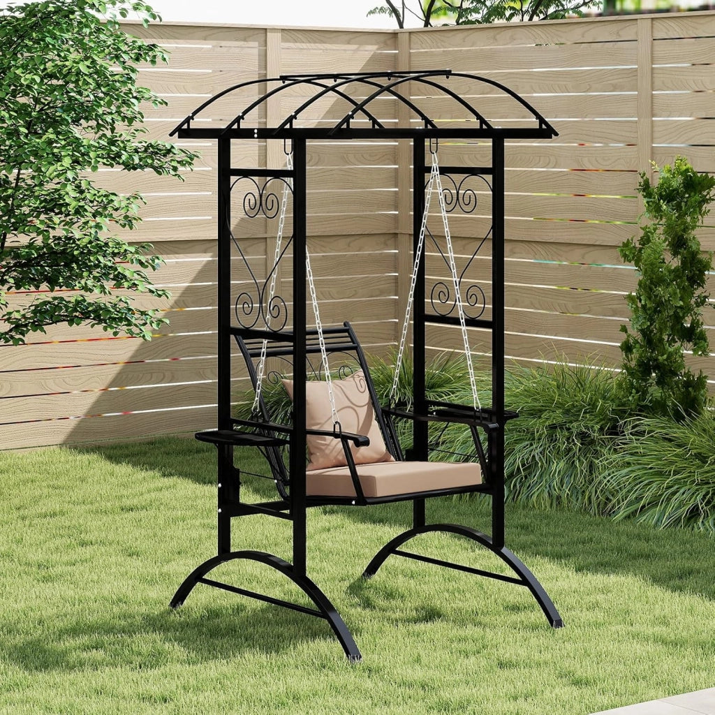 Sedia Sospesa da Esterno, Sedia a Dondolo Singola con Cuscini Removibili e Tavolini Laterali, Portata 160 kg, Altalena con Supporto e 2 Grigliati per Adulti per Giardino, Balcone e Cortile