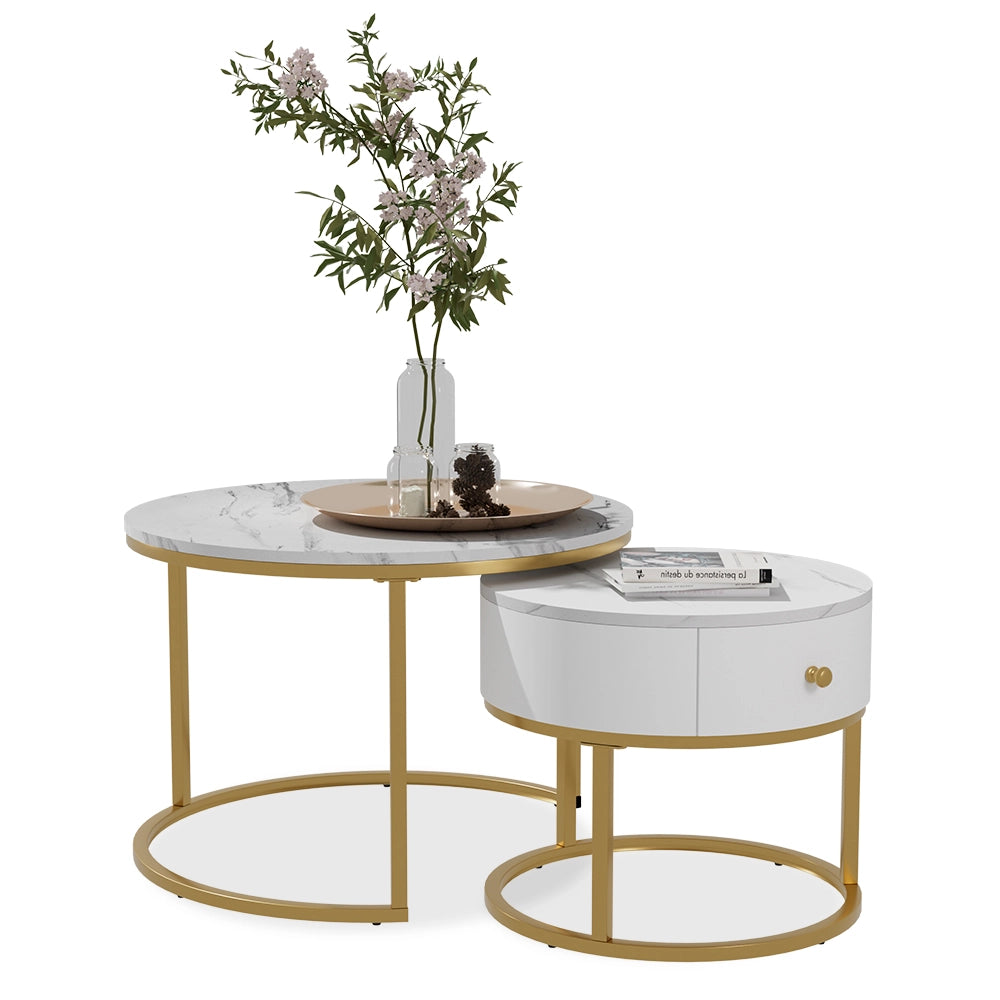 Vicco Set di tavolini Marmo bianco 70 x 70 cm , tavolino con cassetto