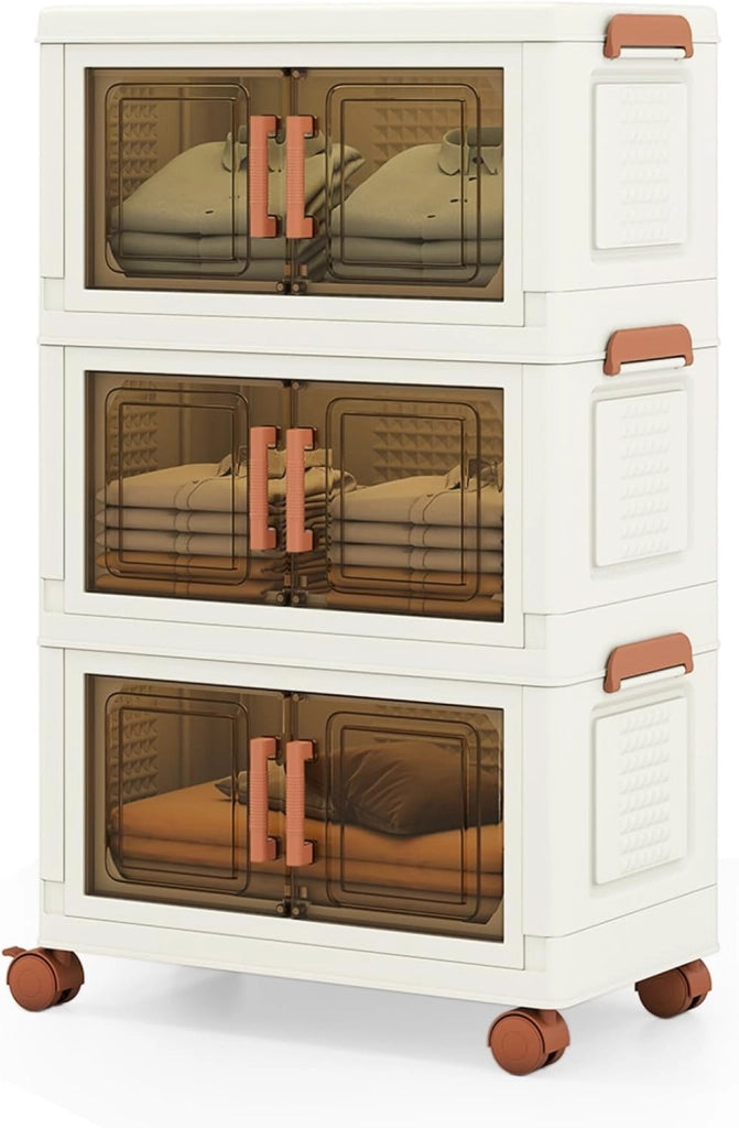Contenitore di Archiviazione in Plastica, Organizzatore Impilabile con Coperchi e Porte, 4 Ruote, Scatole Organizzatore Pieghevoli per Soggiorno, Camera da Letto (62,5 x 34,5 x 99,5 cm)