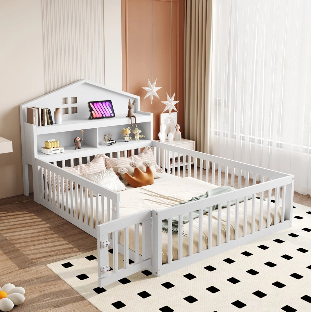 Letto a casetta per bambini 140x200 cm bianco con lavagna