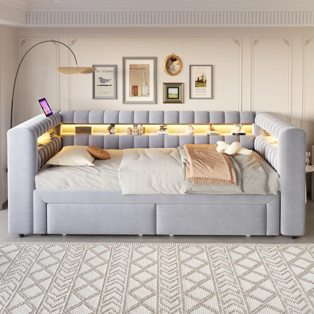 Divano letto con letto estraibile e cassetti, 90/180x190 cm, grigio chiaro