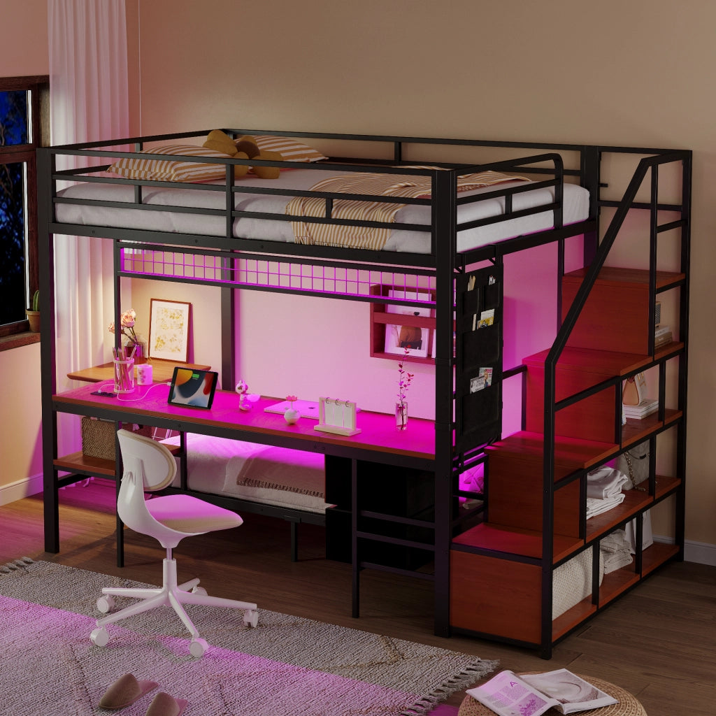 Letto a castello nero con scrivania integrata led e prese elettriche in metallo e legno 140x200 & 90x200 cm