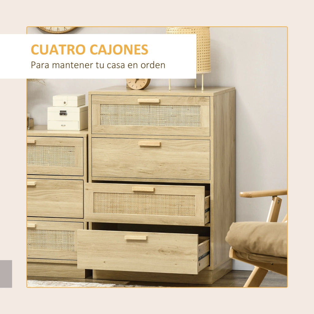 Cassettiera 4 Cassetti in Legno Rat¨¢n Stile Cannage Bohemio ¨C Minimal ¨C Naturale 60x38x89