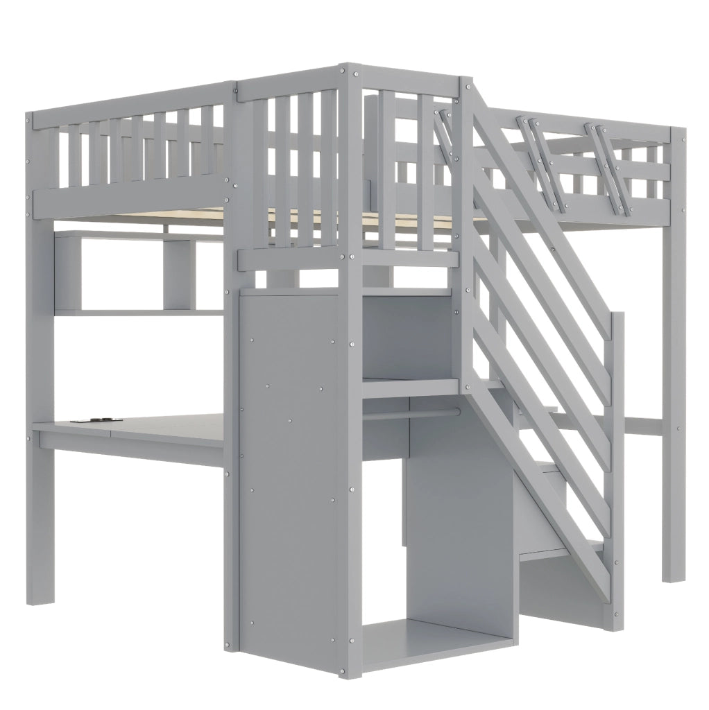 Letto a soppalco 90x200 cm con scrivania; scala contenitore e LED; grigio in legno