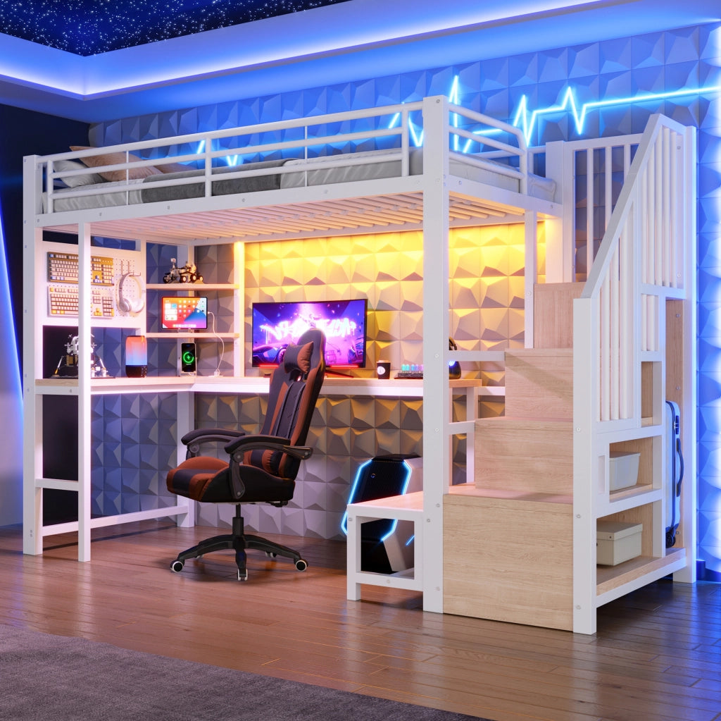 Letto a soppalco 90x200 cm con scrivania, LED e ricarica USB