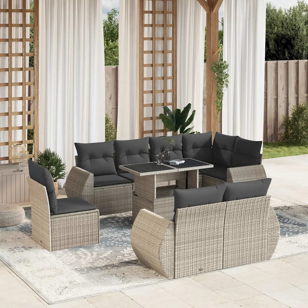 Set Divano da Giardino 9pz con Cuscini Grigio Chiaro Polyrattan