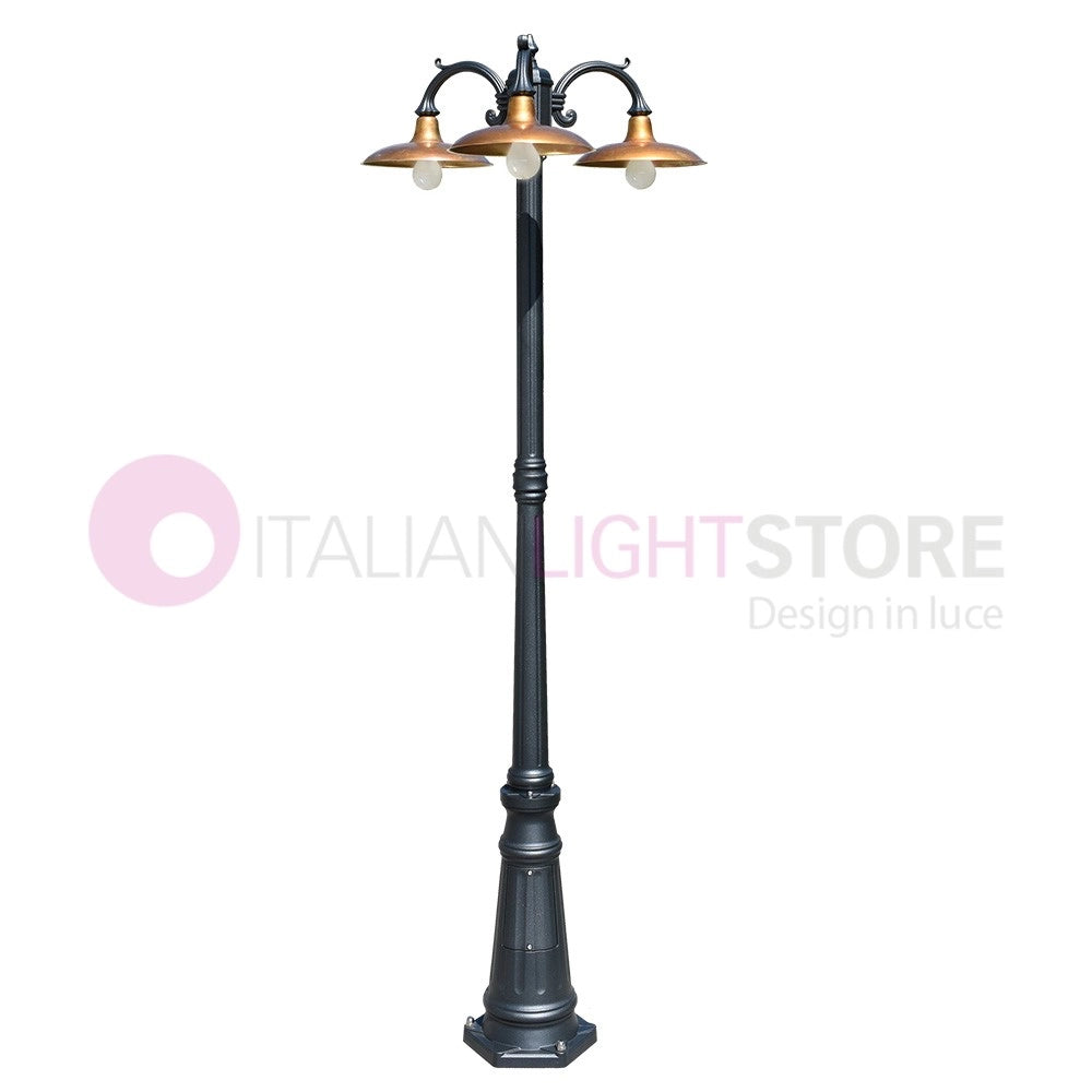 NIKE ANTRACITE Lampione da giardino 3 luci con piatti in ottone anticato