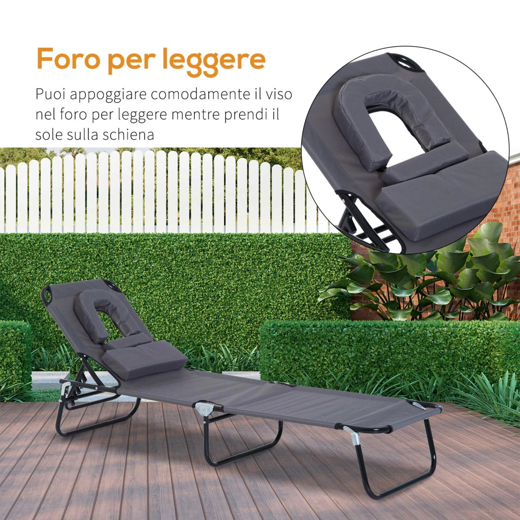 Easycomfort Sedia Sdraio da Esterno Pieghevole con Foro per il Viso e Cuscini, Lettino Prendisole da Giardino, Spiaggia e Campeggio, Grigio