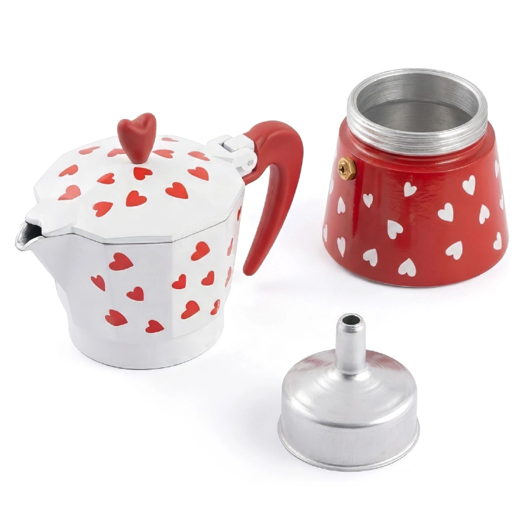 Caffettiera Moka Caffè 3 Tazze in Alluminio Bianca e Rossa con Cuori, Manico Ergonomico