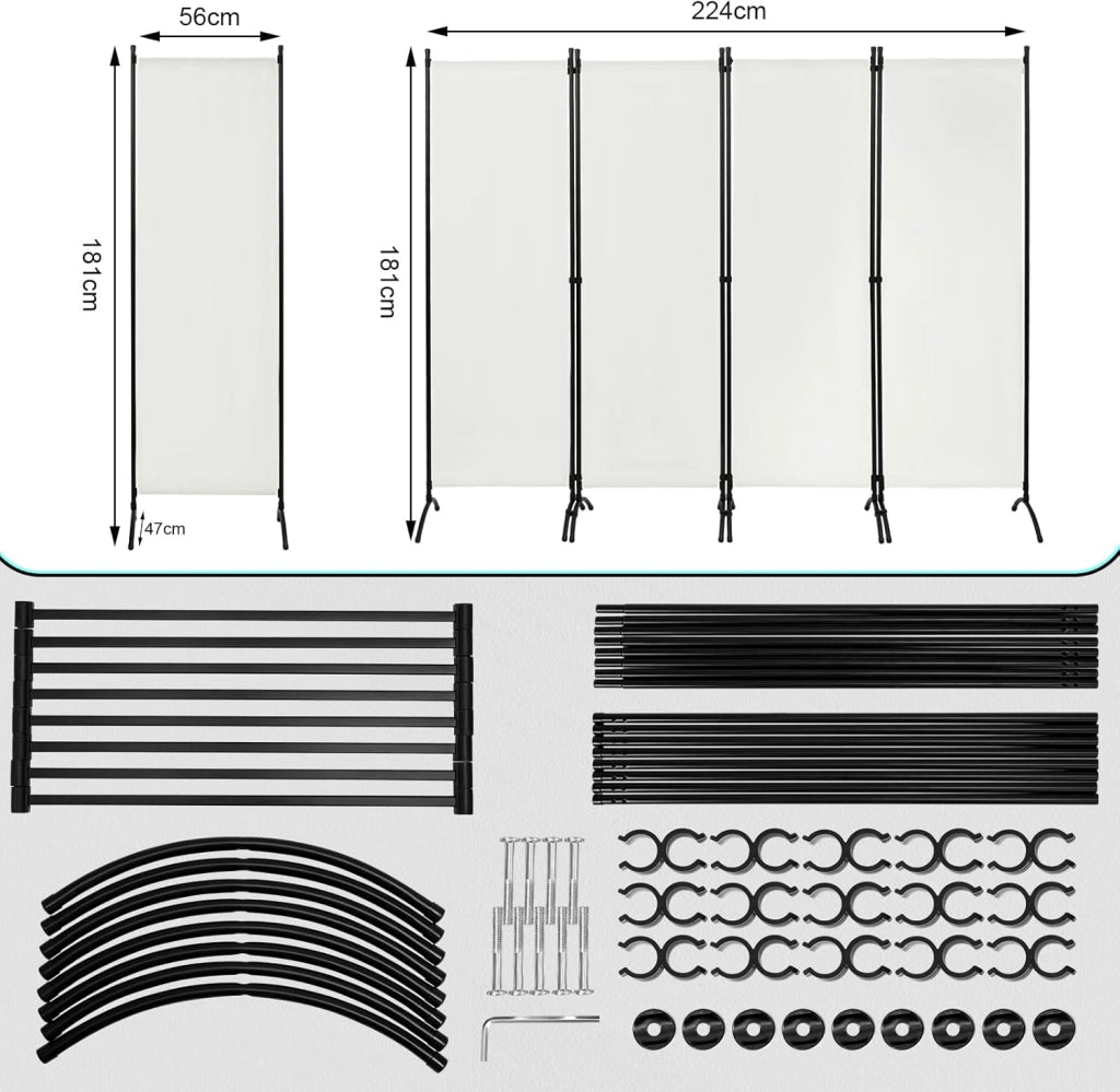 WOLTU Paravento 4 Pannelli 224x182 cm Crema, Divisorio per Camera da Letto, Parete Divisoria Pieghevole, Paravento per Interni ed Esterni, Ideale per Soggiorno, Balcone e Giardino