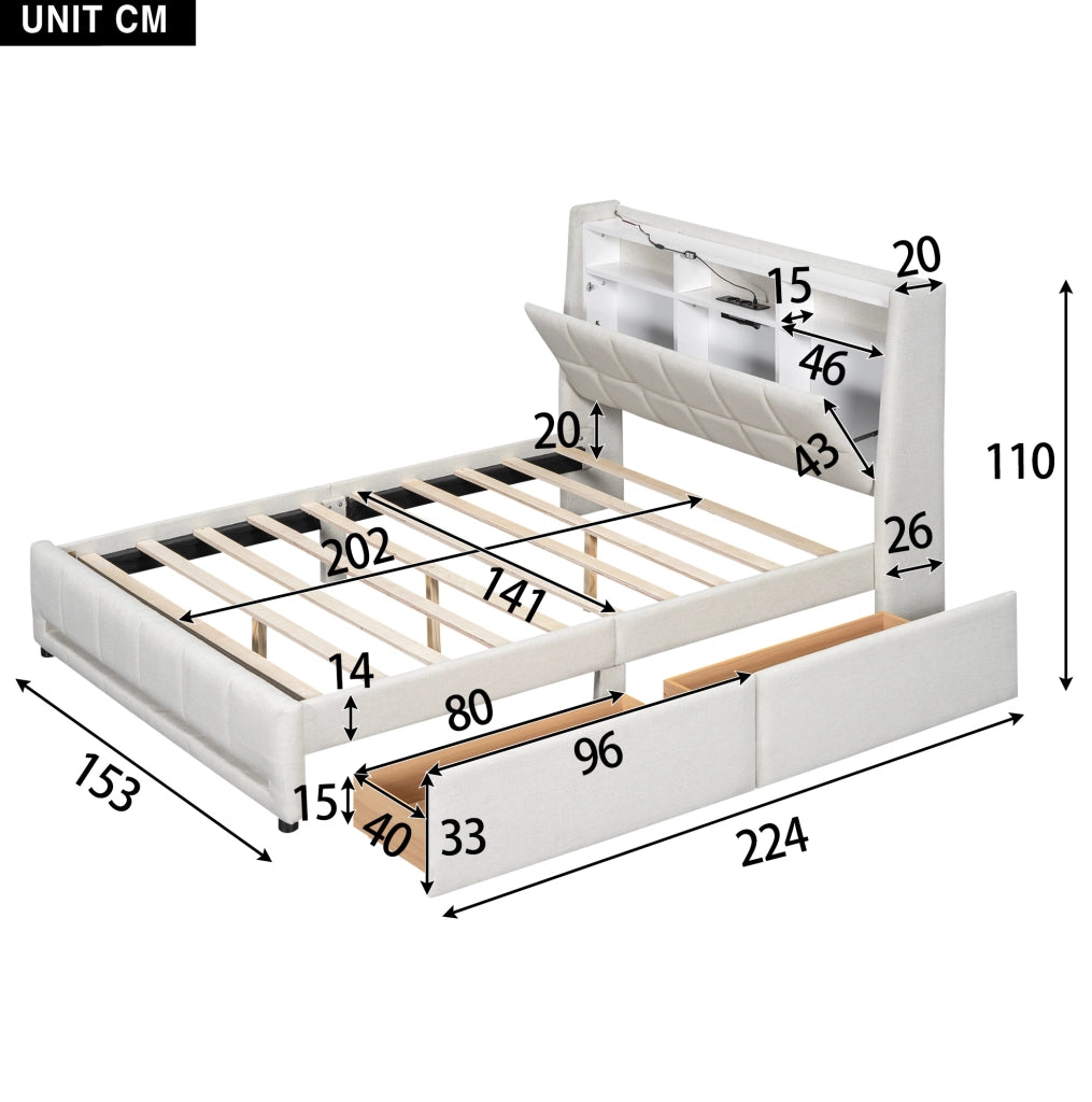 Letto imbottito 140x200 cm in lino e MDF beige; con LED APP; USB; cassetti e vani contenitore