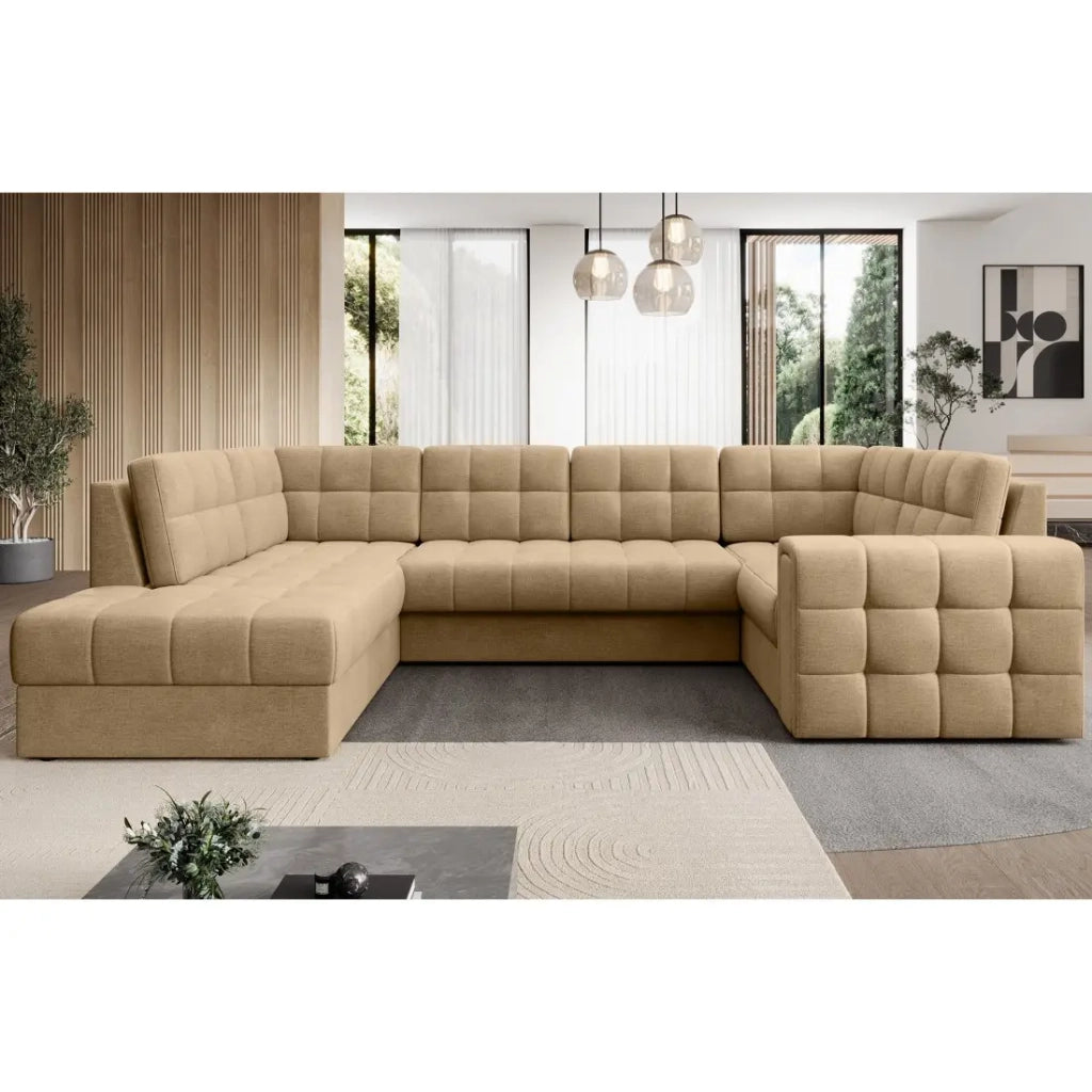Divano ad angolo convertibile MONTEZA marrone chiaro sinistro 299 cm con vano contenitore e letto