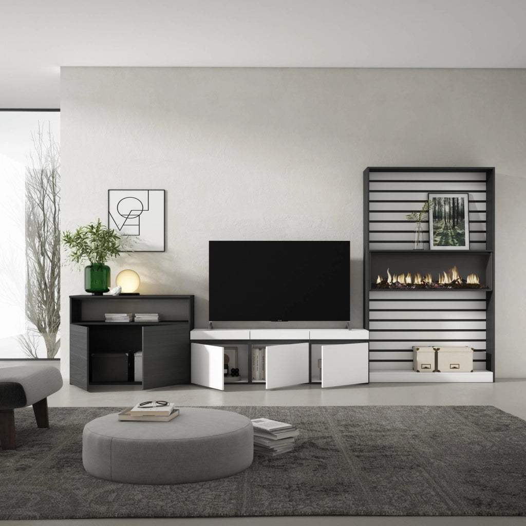 Mobile TV, Soggiorno, 360x35x186cm, Per TV fino a 65", Camino elettrico, Bianco e nero RF3188