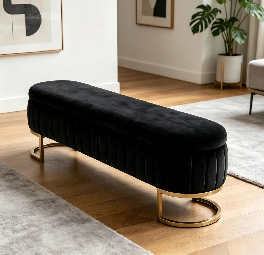 Panca contenitore ai piedi del letto in velluto con spazio contenitivo e gambe in metallo dorato, nero 130 cm