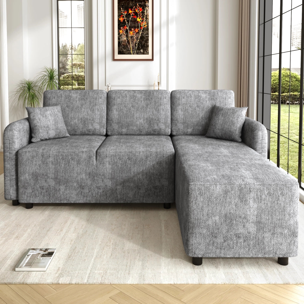 Divano angolare a L a 3 posti con area relax e 2 cuscini in ciniglia con struttura in legno massello grigio