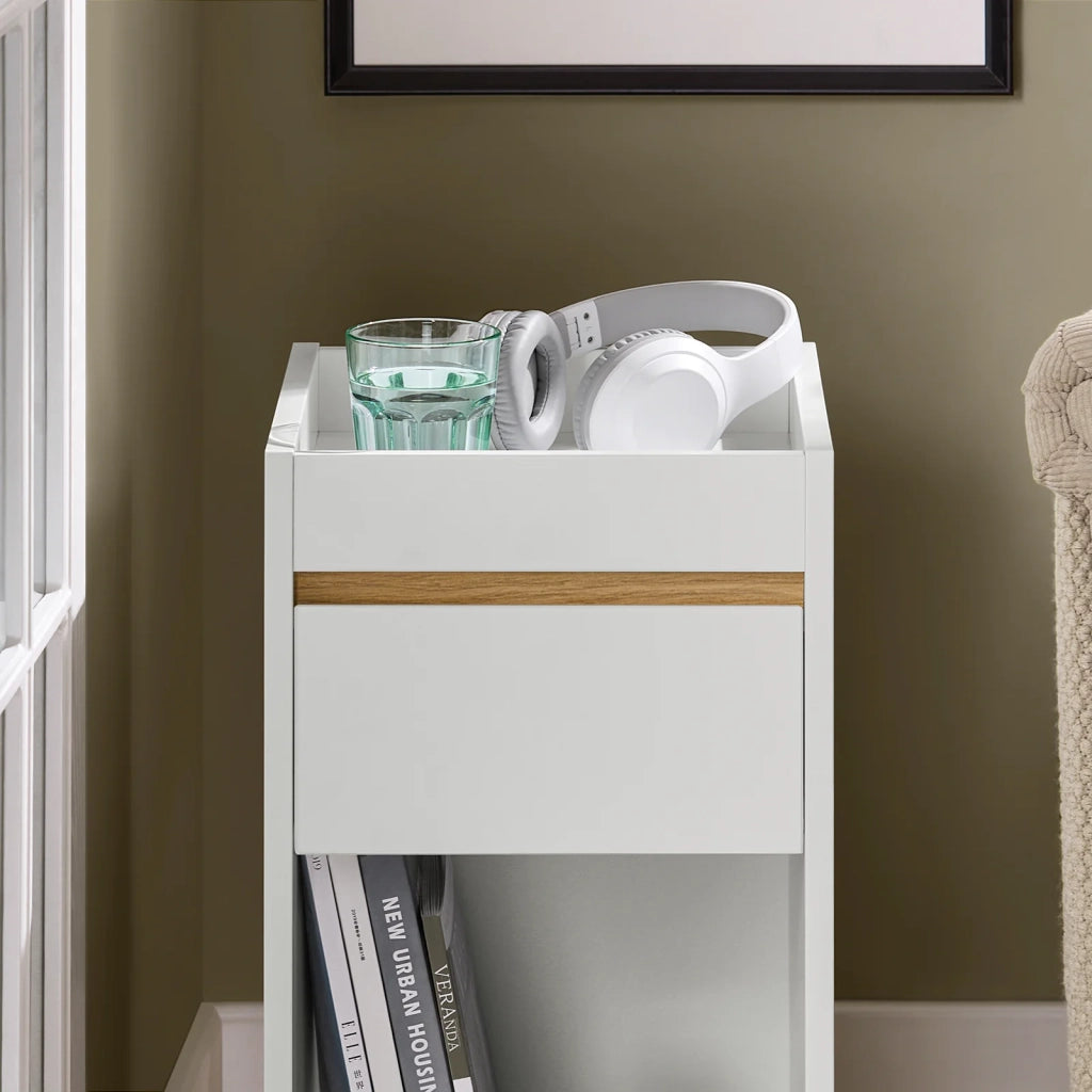 Tavolino laterale Comodino con cassetto Bianco-Naturale 30x35x55cm FBT137-W
