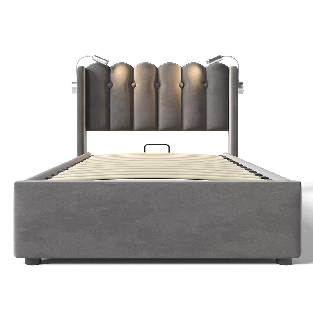 Lit semplice imbottito con testiera - Xylo - 90x200 cm - Grigio - Spazio di archiviazione