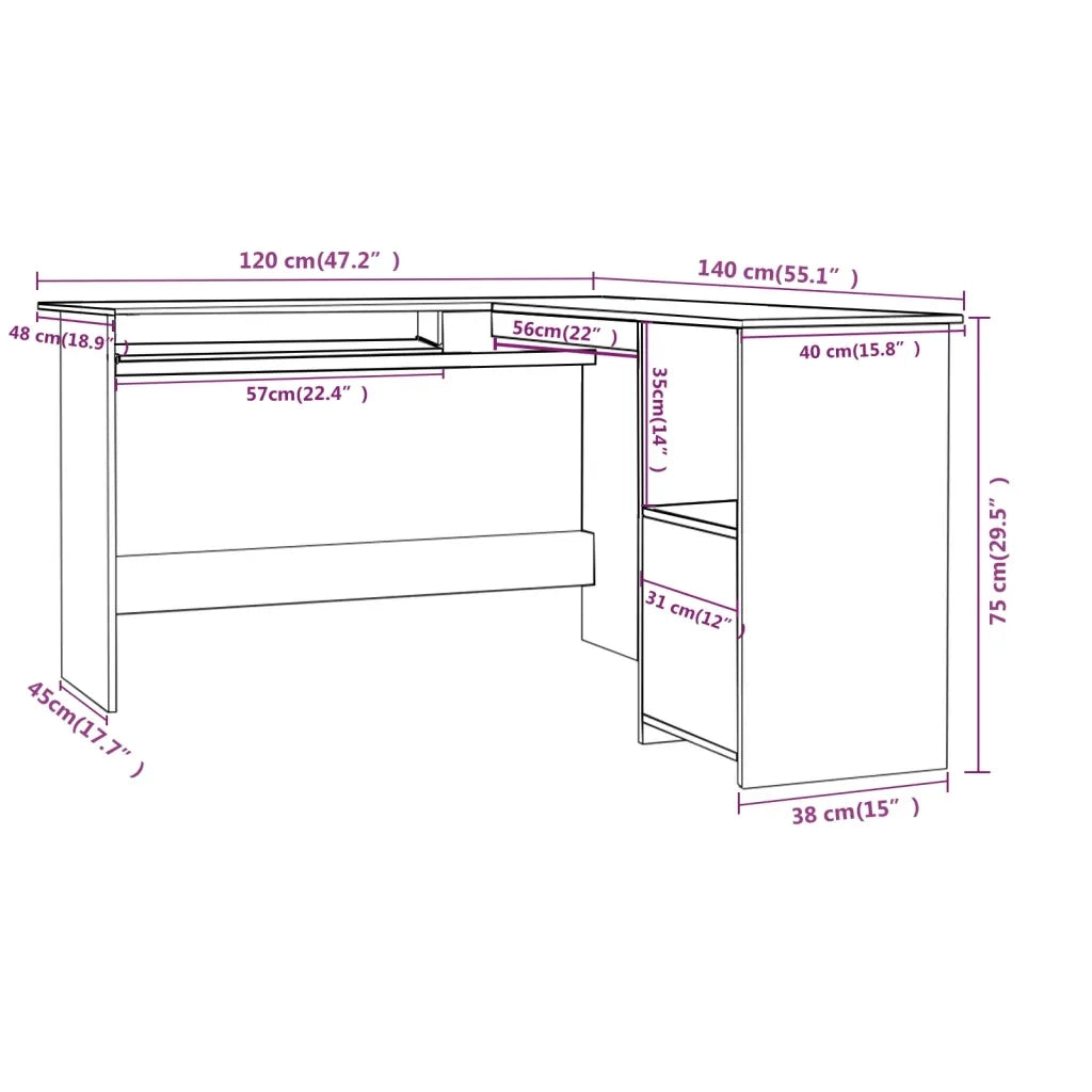 Scrivania Angolare a L Grigio Cemento 120x140x75cm Multistrato 800751