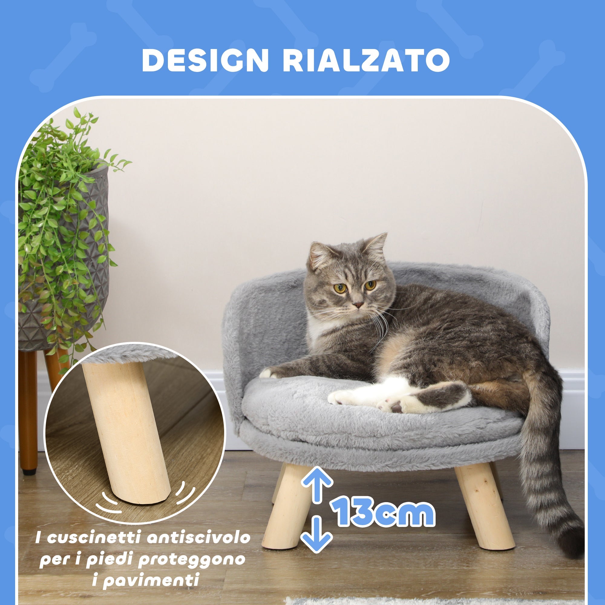 Divano per Cani e Gatti Rotondo con Cuscino in Tessuto di Peluche e Legno Ø40,5x33 cm Grigio