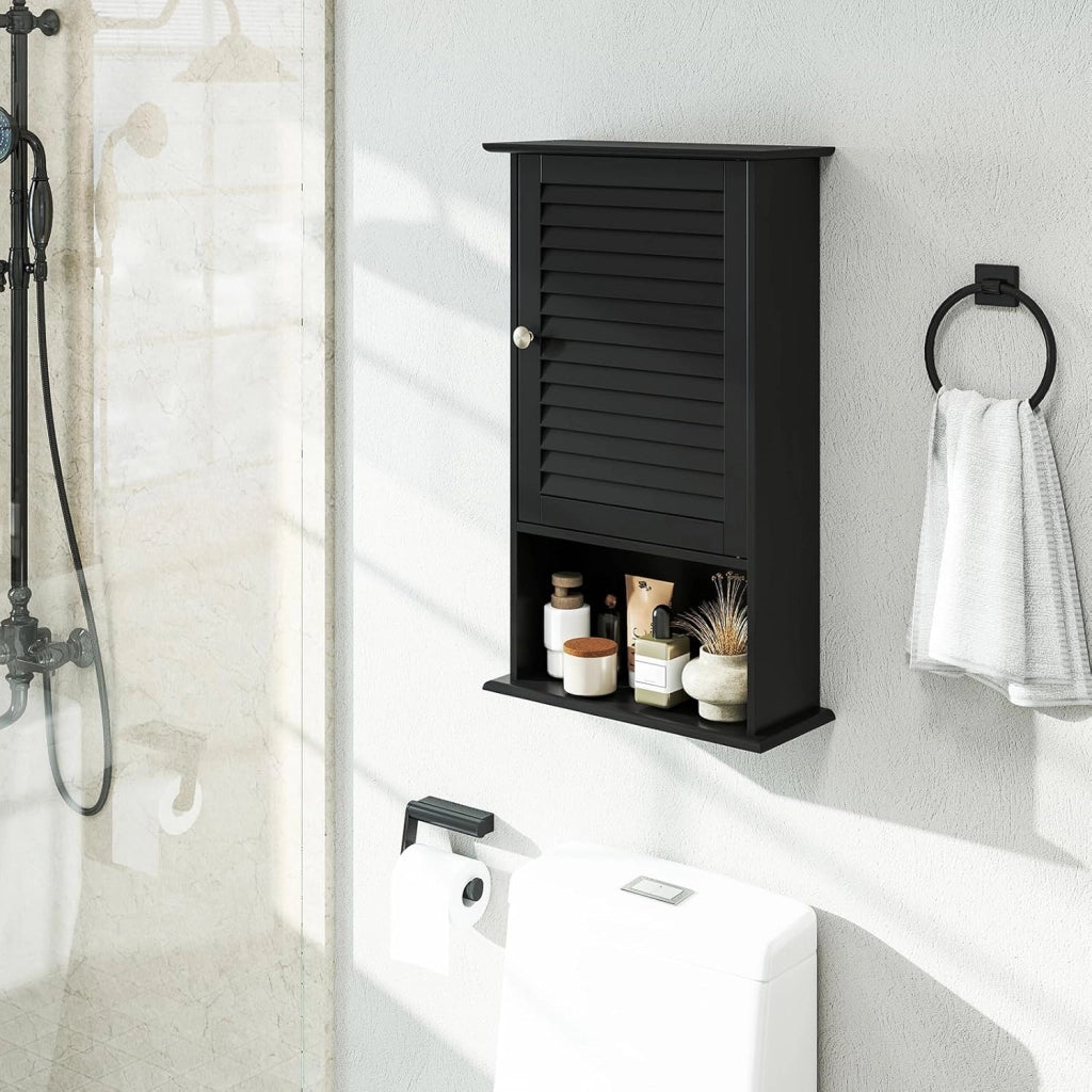 Armadio da Bagno a Parete con Porta, 2 Ripiani Regolabili e Scomparto Aperto, Armadio in Legno a 3 Livelli, Mobile Multiuso per il Bagno, Cucina, Ingresso, 42x17x70 cm (Nero)