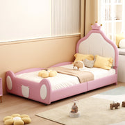 Letto imbottito per bambini 90x200 cm in similpelle rosa e bianco con testiera decorata a coronamento