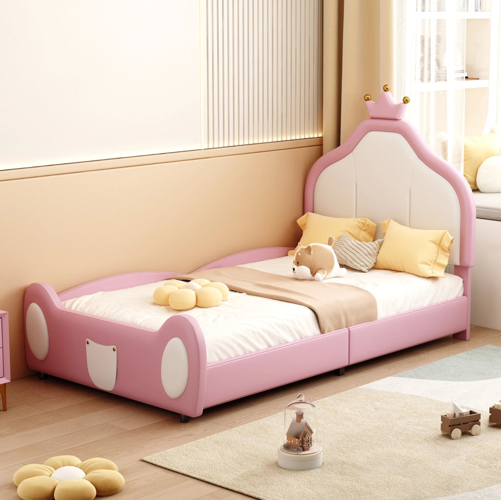 Letto imbottito per bambini 90x200 cm in similpelle rosa e bianco con testiera decorata a coronamento