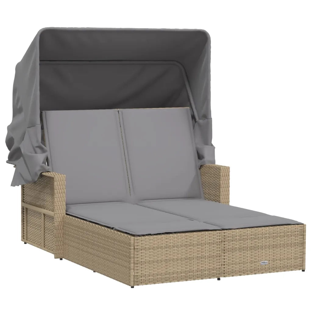 Sdraio da giardino | Lettino Doppio con Baldacchino e Cuscini Beige Misto Polyrattan