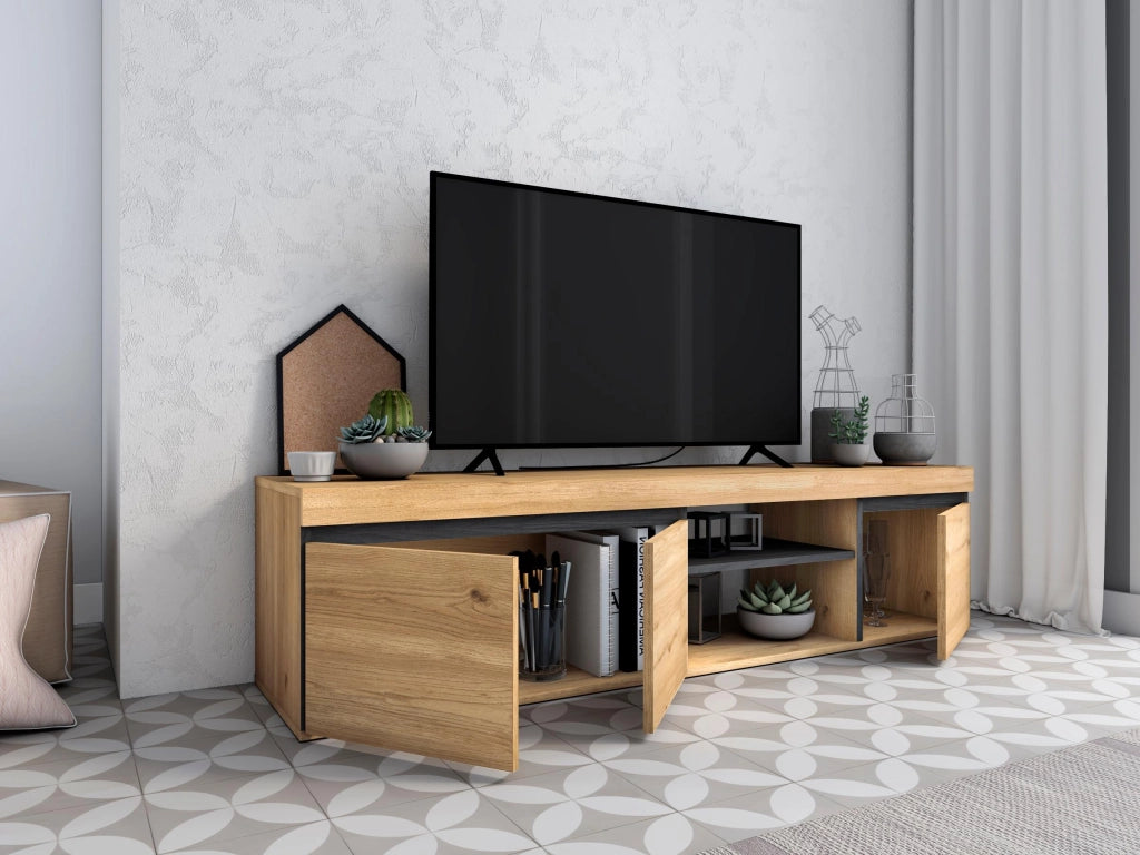 Mobile TV mod NATURALE , 160x40x41cm, colore Rovere e Nero, 2 porte e 2 comparti RF891