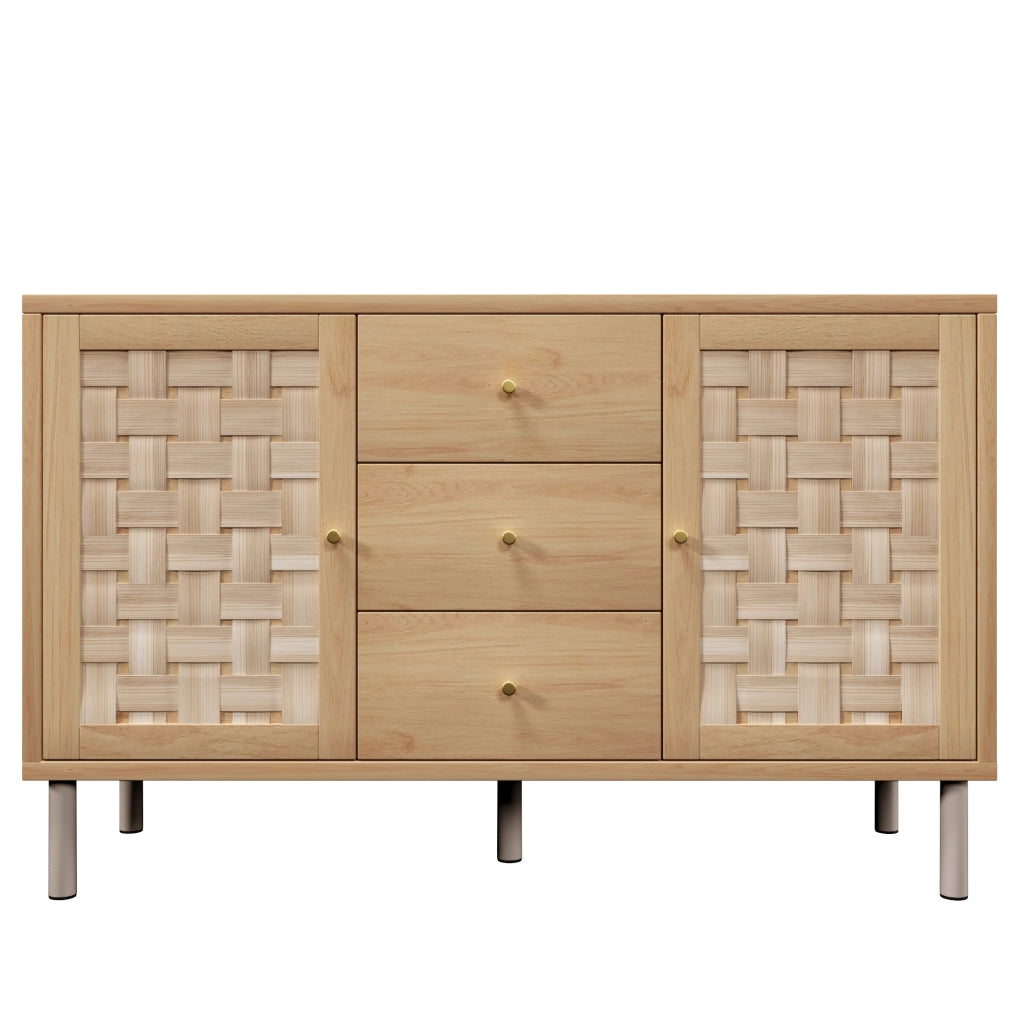 Credenza 120x40x75 cm con 2 ante; 3 cassetti e ripiani regolabili in legno naturale