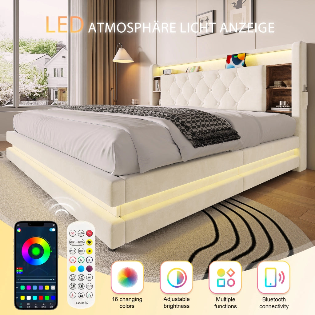 Letto matrimoniale imbottito 160x200 cm con contenitore idraulico; LED e USB; beige