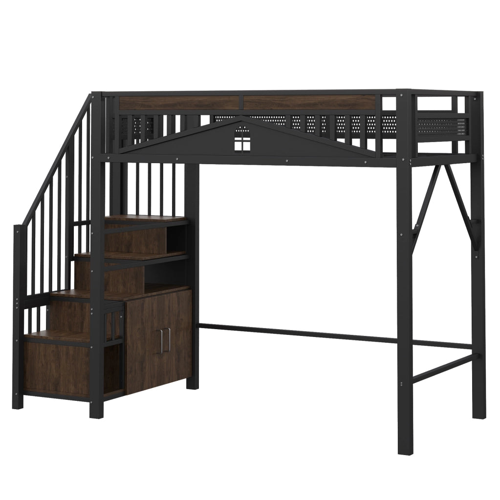 Letto a soppalco 90x200 cm in metallo e legno con scala contenitore; armadietto e barriera nera