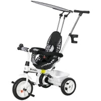 Triciclo per Bambini con Maniglione di Spinta, Tettuccio, Barra di Sicurezza e Box, 105x47x89 cm, Bianco e Nero