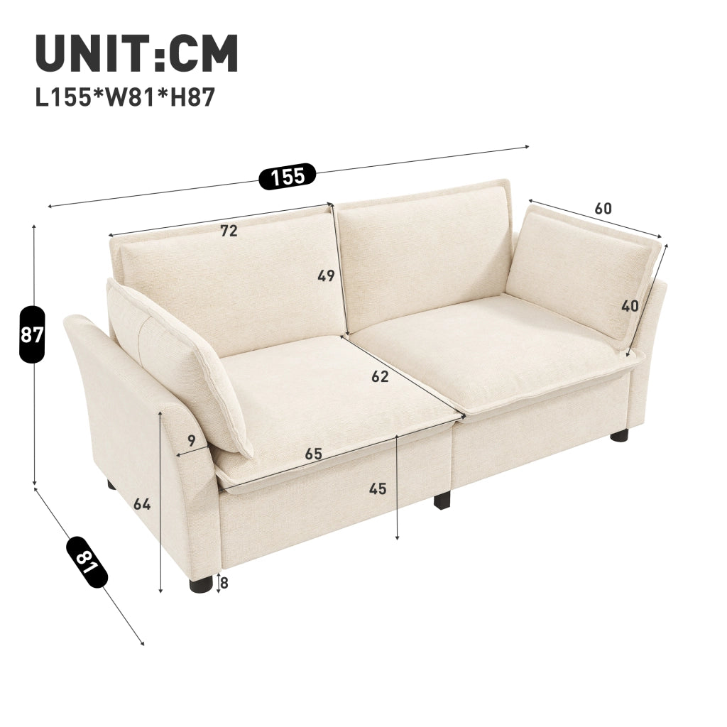 Divano a 2 posti in chenille con seduta ampia e cuscini per braccioli struttura stabile beige per piccoli spazi