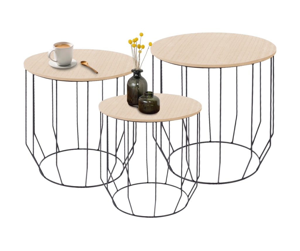 Set 3 Tavolini Da Salotto Sovrapponibili Rotondi Design Moderno Tavolino Da Caffè Estraibili Mobile Soggiorno Tavolo Divano Top In Legno Struttura In Acciaio Stile Industrial Vano Porta Oggetti  - Naturale - Modello 2