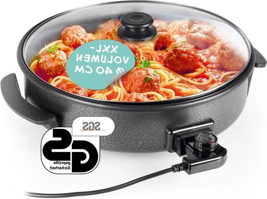 Piatto elettrico multifunzionale diametro 40 cm con termoregolatore coperchio in vetro e rivestimento antiaderente XXL capacità massima come padella per paella, pentola e wok 1500 W acciaio inossidabile.
