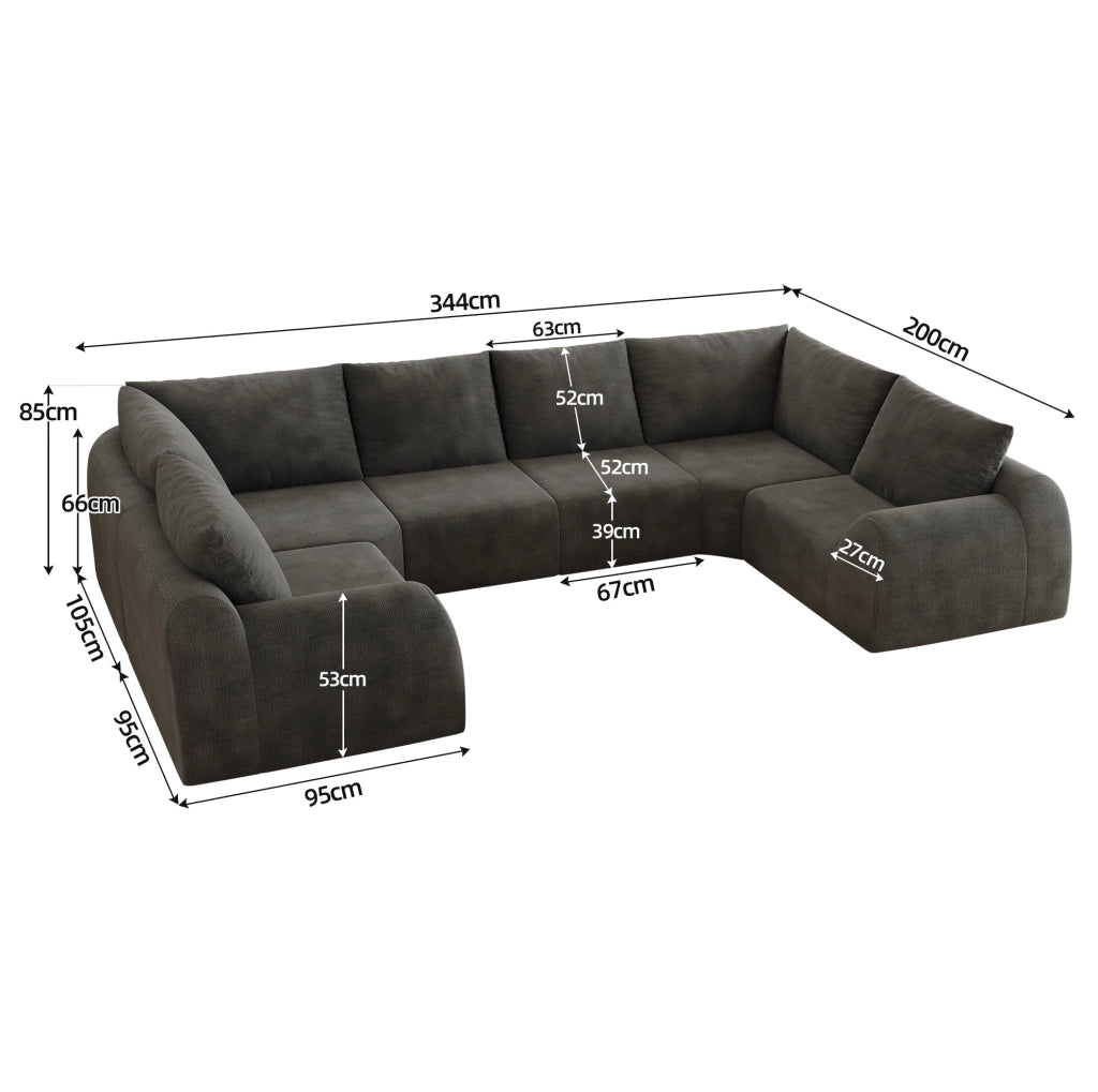 Divano angolare a U 344x200x85 cm in tessuto chenille; grigio scuro