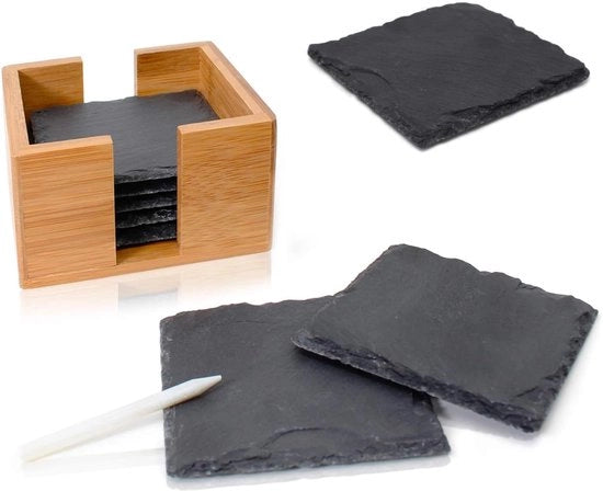 Set di piastrelle di pietra nera (8 pezzi) inclusa matita - Piastrelle decorative di vetro con base di pietra naturale al 100% e supporto di bambù fine - Ideale regalo (formato quadrato | 10x10 cm)