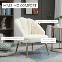 Poltrona in Velluto Imbottita con Schienale a Conchiglia e Gambe in Acciaio per Camera e Salotto, 63x65x84cm, Crema