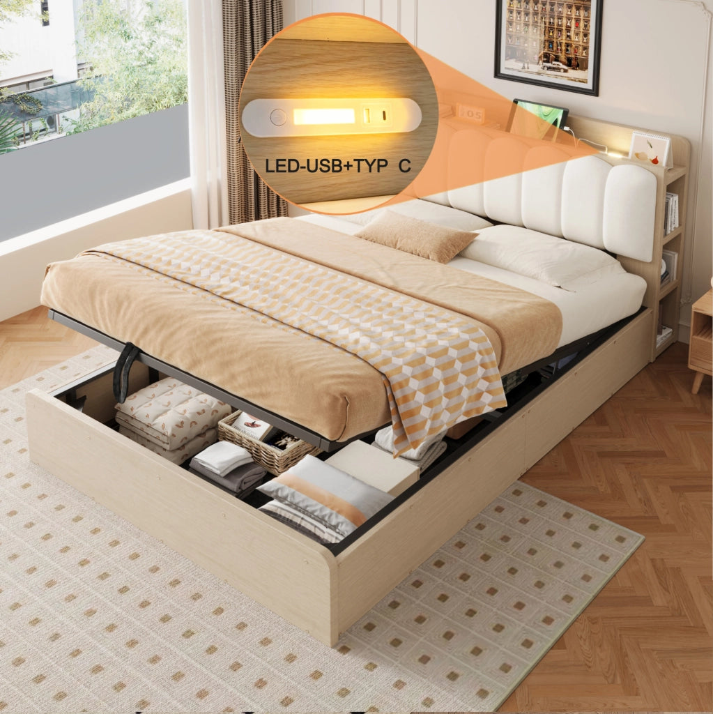 Letto matrimoniale 140x200 cm in legno con contenitore idraulico; testiera imbottita beige e USB; colore legno naturale