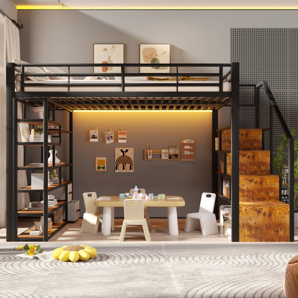 Letto a soppalco 140x200 cm con cassetti in tessuto; LED; ripiani e gradini integrati; metallo nero