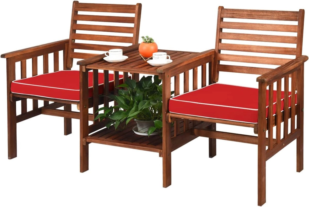 Set di 2 Sedie con Cuscini e Tavolo in Legno di Acacia, Foro per Ombrellone da 5 cm, Set di Mobili per Esterni da Bistro da Giardino (Rooso)