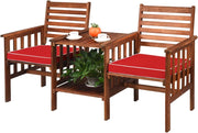Set di 2 Sedie con Cuscini e Tavolo in Legno di Acacia, Foro per Ombrellone da 5 cm, Set di Mobili per Esterni da Bistro da Giardino (Rooso)