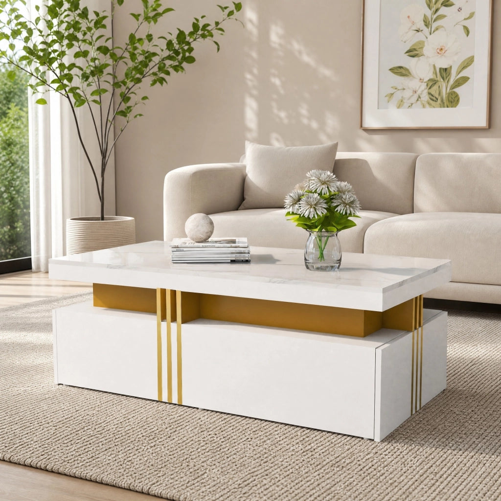 TAVOLINO DA SALOTTO Rettangolare 100x50x40 cm Bianco con 2 cassetti