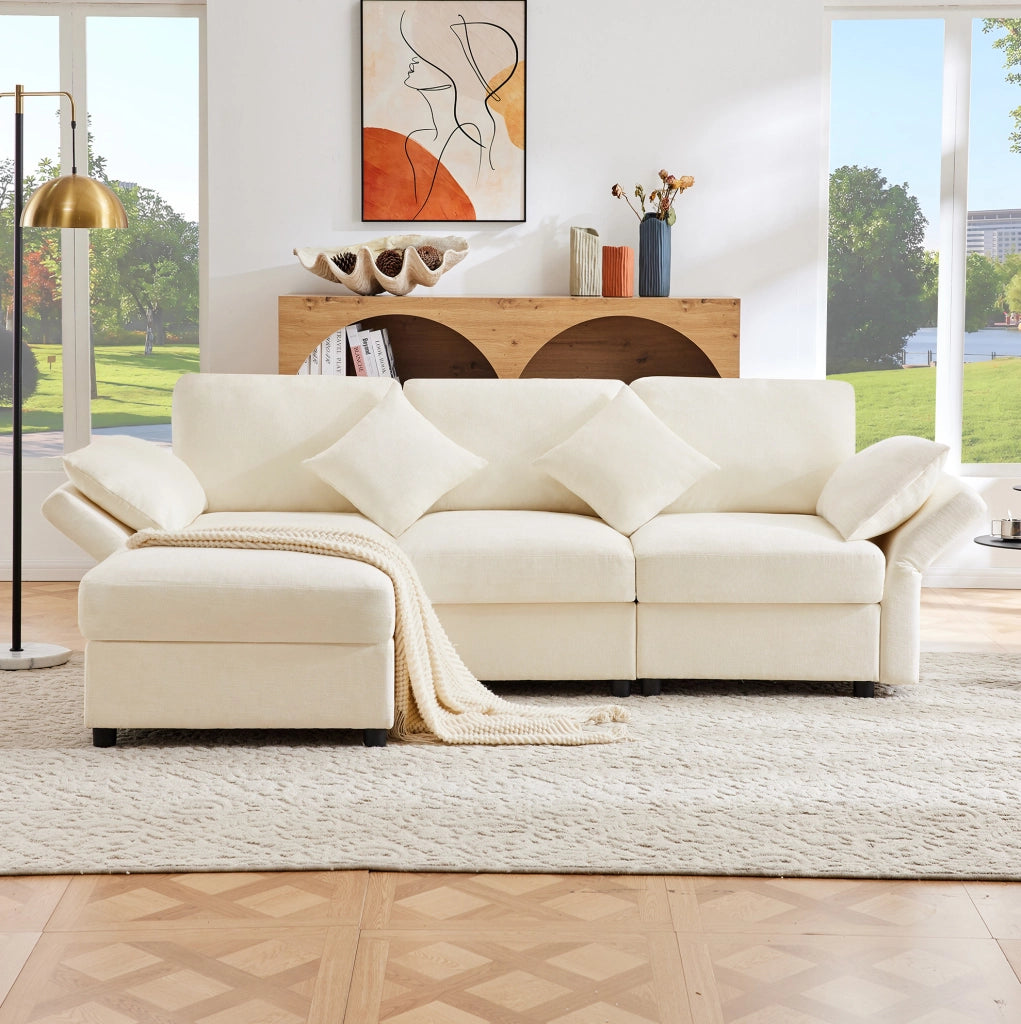 Divano angolare modulare 3 posti con pouf; in tessuto chenille beige; 218x156;5x86 cm