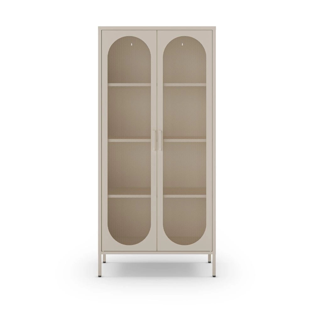 Credenza alta in metallo Diora crema con 2 ante reticolate e 3 ripiani – Design industriale, anima versatile